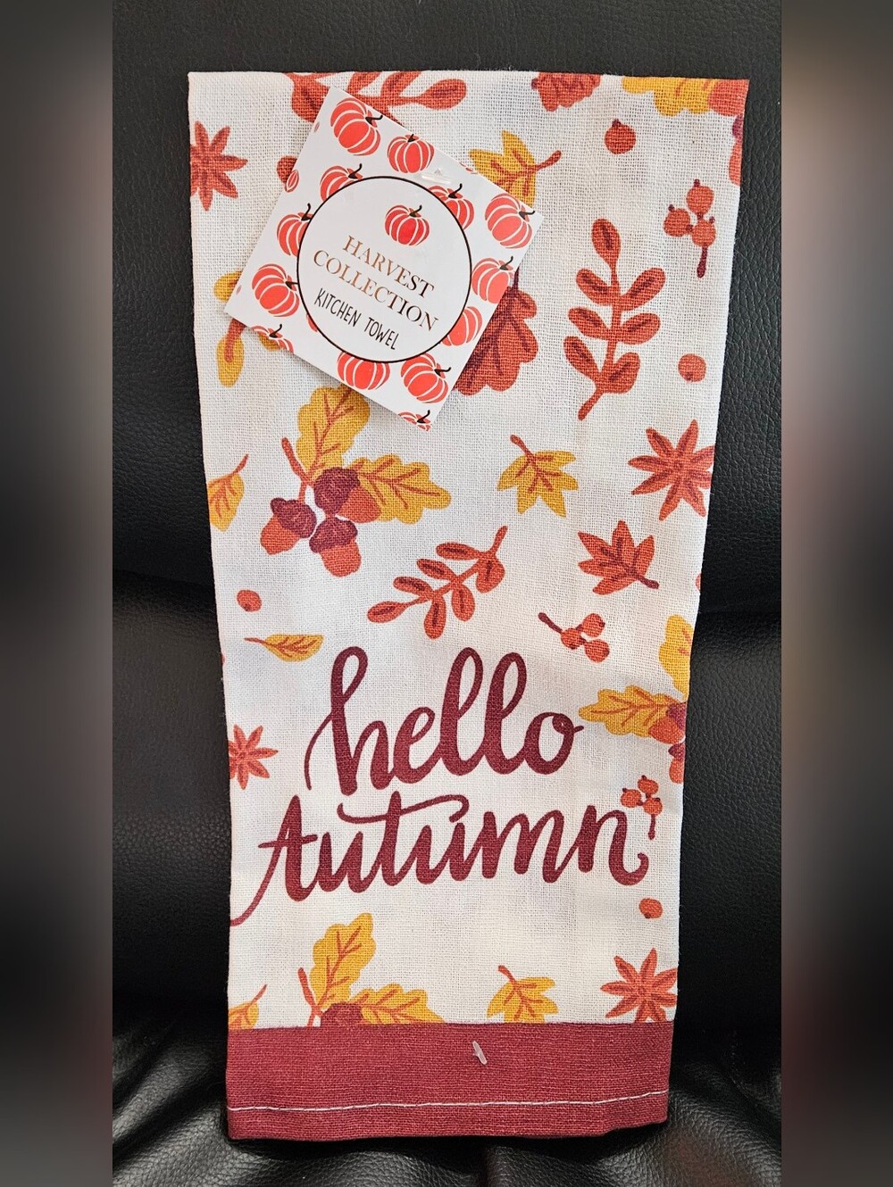 "Hello Autumn" Kitchen Towel - Rust & Gold Fall Leaves